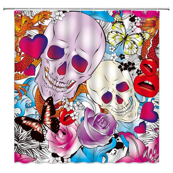 

skull flower pattern shower curtain colorful floral skull butterfly heart-shaped lips, 70x70 inch polyester fabric bathroom