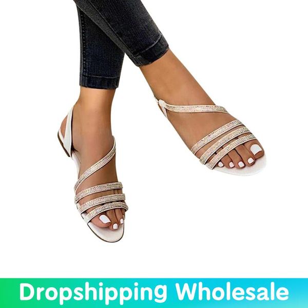 

sandals 2021 women's rhinestone bling shoes female fashion style open toe woman flats slip on beach sandal, Black