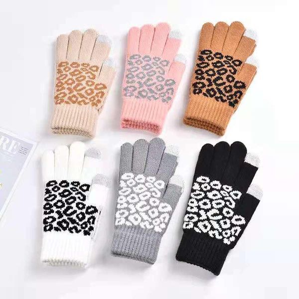

five fingers gloves fashion women leopard printing autumn winter warm thicken knitted mittens outdoor touch screen driving accessories, Blue;gray