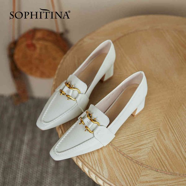 

sophitina pumps woman white pointed toe genuine leather mental wave shape decoration high square heel office lady shoe fo01 210513, Black