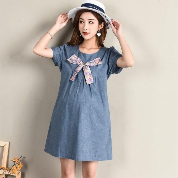 

summer loose maternity jeans blouse dress for casual solid o-neck pregnant women dresses vestidos pregnancy clothings plus size, White