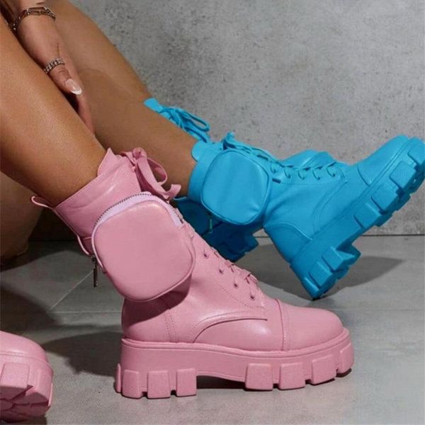 

boots 2021winter shoes punk ankle platform motorcycle women lace up chunky heel belt buckle pocket designer, Black