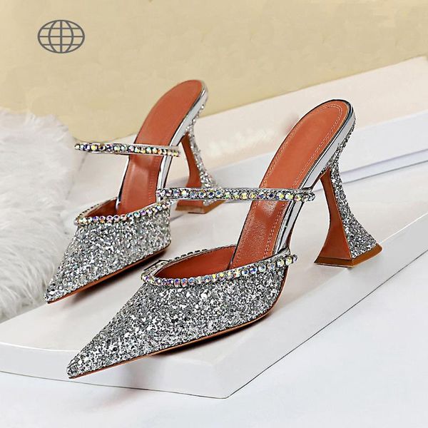 

luxury glitter point toe high heel mules slippers crystal slide shoes women bling wedding party summer sandals autumn pumps, Black