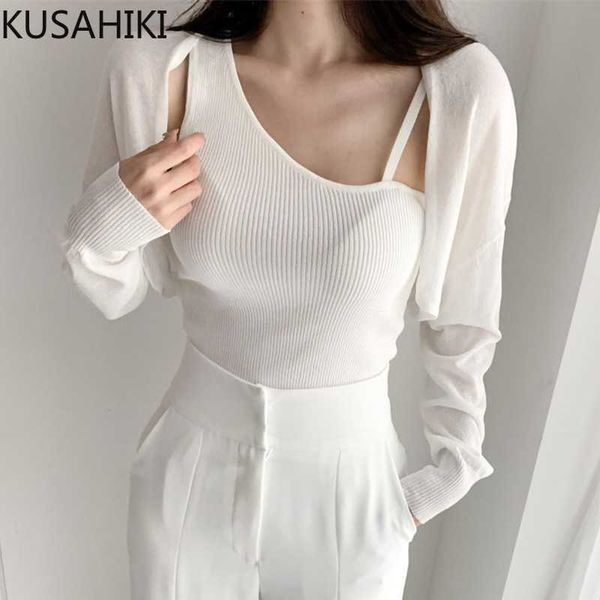 

kusahiki summer knitted two pieces sets irregular slim basic sling vest + long sleeve cardigan coat korean women suit 6j398 210602, White