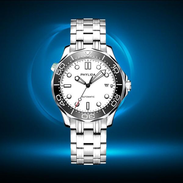 

wristwatches phylida mens watch20bar 200m waterproof white sterile dial japan miyota automatic watch style sapphire crystal lume bezel so, Slivery;brown