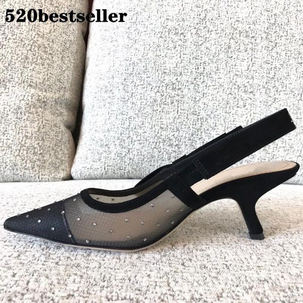 

dress shoes 2021 women lady high heels sandals black nude mesh ribbon polka dot rhinestone crystal slingback pumps low hee 6.5cm