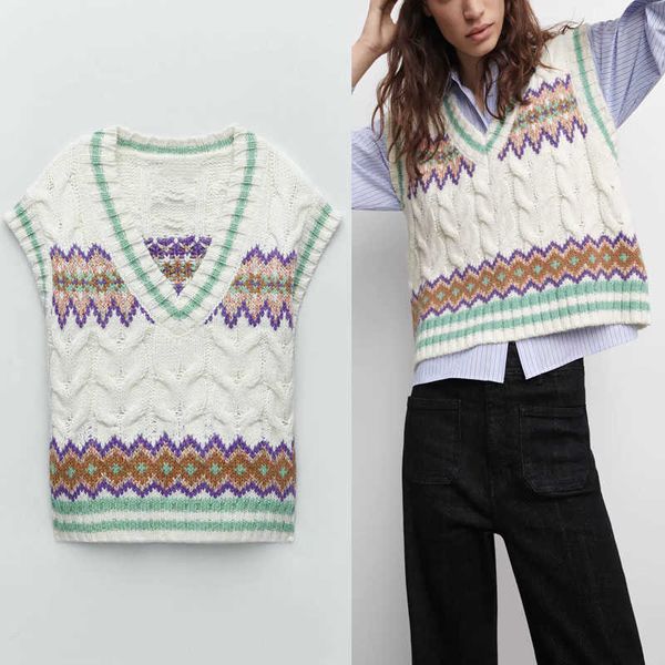 

za cable knit cropped vest sweater women sleeveless v neck cute knitted female fashion streetwear soft sweaters 210602, White