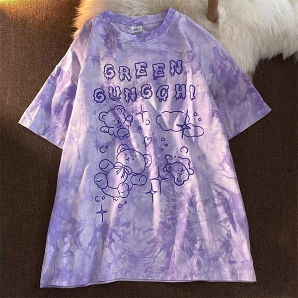 

women's t-shirt cotton cute bear tshirt streetwear summer oversized t shirt women harajuku short sleeves tee hip hop tie dyed funny, White