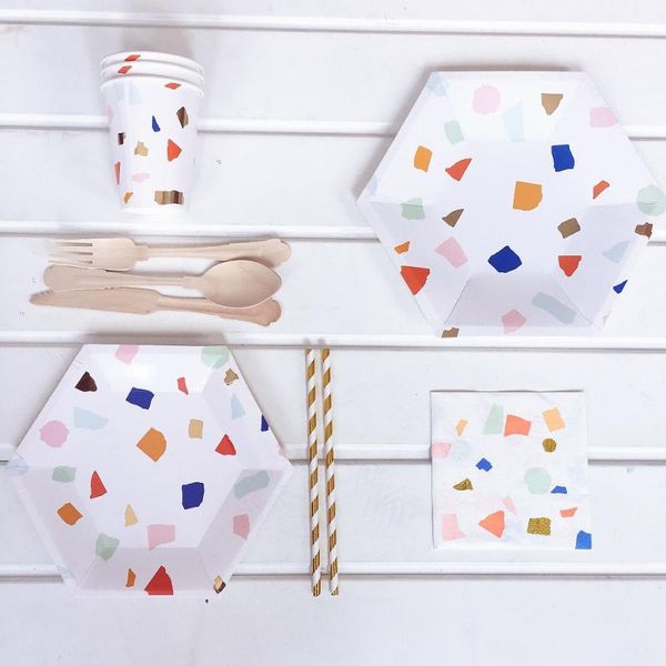 

packaging dinner service 8 pcs/set hexagonal bronzing color disposable tableware set dish cup children napkin birthday wedding party diy dec