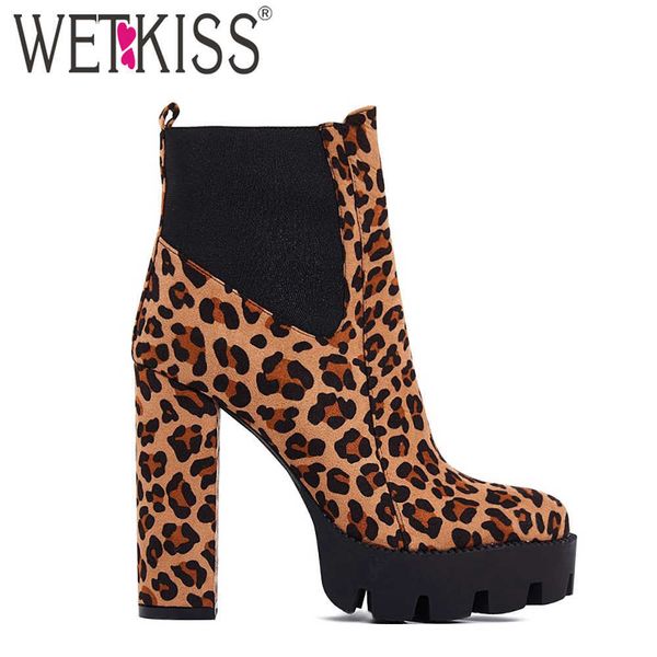 

wetkiss women platform ankle boots leopard print 12cm chunky heeled round toe booties zipper fashion ladies winter boots 210630, Black