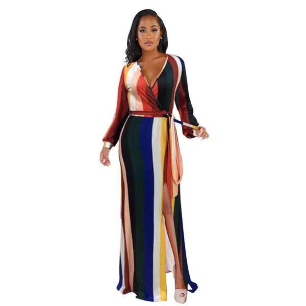 

casual dresses echoine women autumn colorful striped print maxi dress slim elegant long sleeve split party night vestidos robe femme outfits, Black;gray