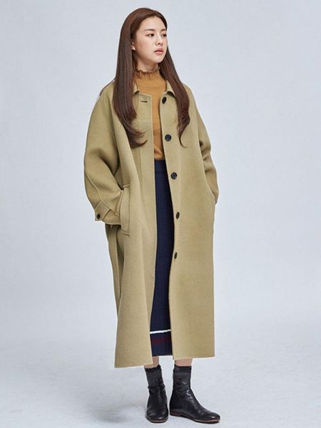 

women's wool & blends end double faced cashmere coat middle and long style loose thick woolen in autumn winter 2021, Black