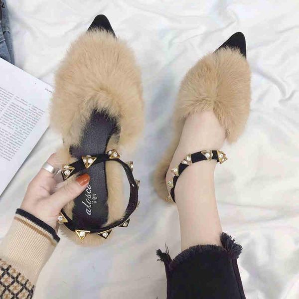 

dress shoes one-legged fur female 2021 autumn and winter wear plus velvet wild peas women's, Black