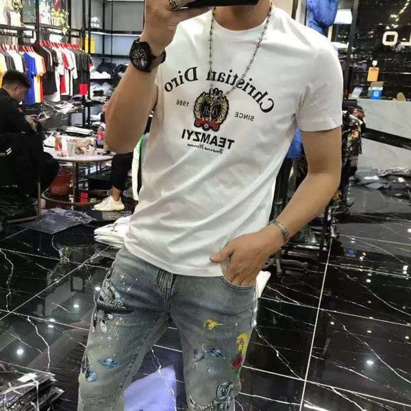 

summer 2021 polo shirt short sve t-shirt men's personality trend slim fitting round ne pullover badge letter printing, White;black