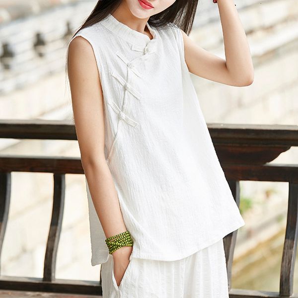 

women's tanks & camis johnature 2021 summer sleeveless o-neck chinese style button women solid color vintage pullover cotton linen, White