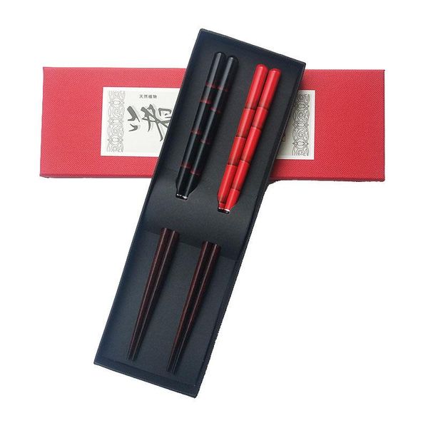 

2pairs reddish black bamboo chopsticks craft wooden wedding set kitchen dinnerware gift box