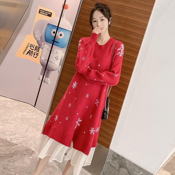 

maternity dresses 2021 autumn and winter thickening knit christmas dress for pregnant women pregnancy sweater party breastfeeding, White