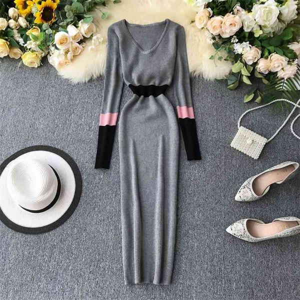 

spring autumn women's dress european style v-neck color-blocking long-sleeved slim one-step knitted es gx093 210507, Black;gray