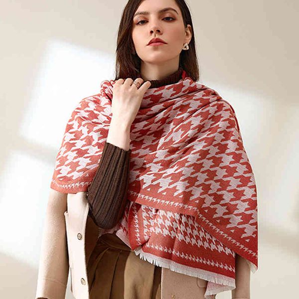

elegant temperament thousand bird lattice scarf women's style long autumn and winter warm scarf decoration can be used as a shawl, Blue;gray