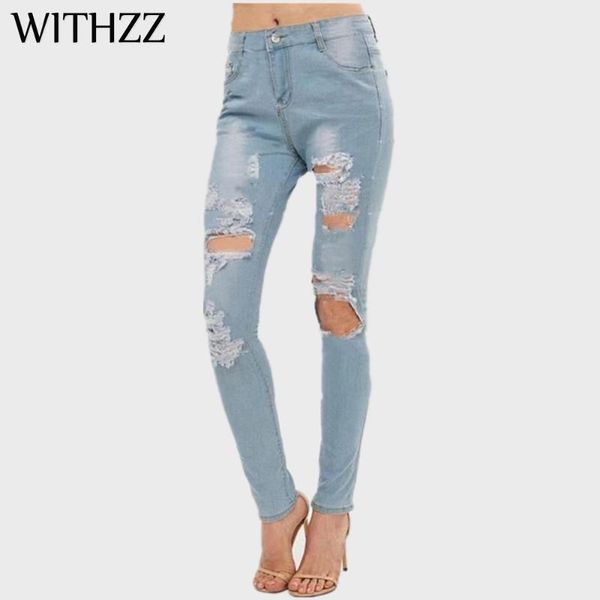 

women's jeans withzz spring autumn slim holes ripped denim trousers pencil pants, Blue