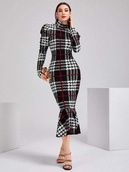 

plaid high neck gigot sleeve mermaid hem bodycon dress s1xa#, Black;gray