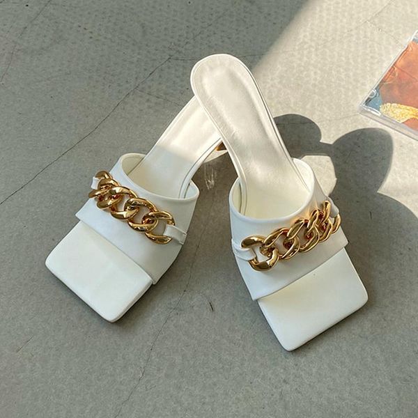 

women sandals fashion metal chain slippers ladies outdoor shoes square toe slides beach female 2021 summer slip on slide, Black