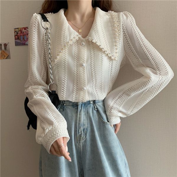 

plus size l-4xl spring fashion women long sleeves peter pan collar shirts elegant lace office ladies hollow out blouses 210515, White