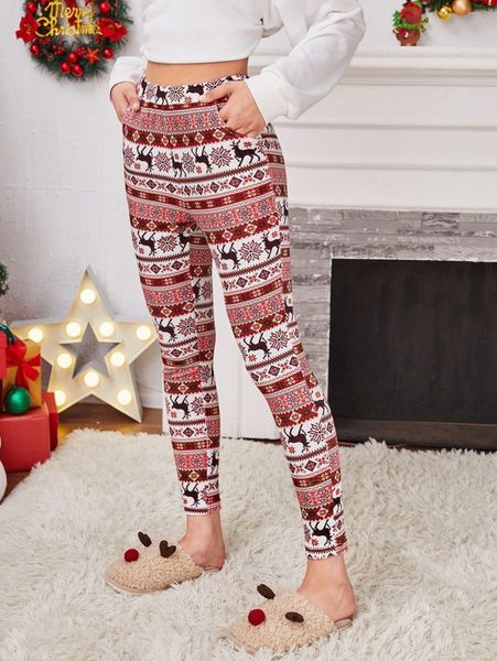 

christmas deer & geo print cropped leggings y5o9#, Black