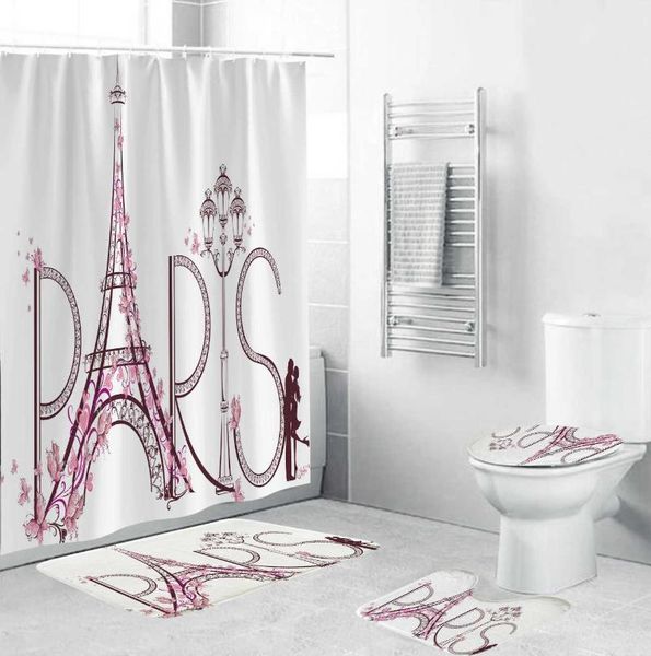 

shower curtains eiffel tower bathroom printed letter pattern curtain pedestal rug lid toilet cover mat set with hooks