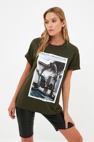 

women's t-shirt trendyol boyfriend printed knitted twoss21ts3988, White