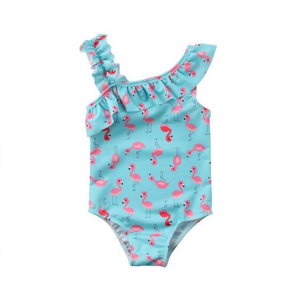 

one-piece suits 2021 brand summer baby kids girl flamingo blue one shoulder swimsuit swimwear cute beach clothes 2-7t