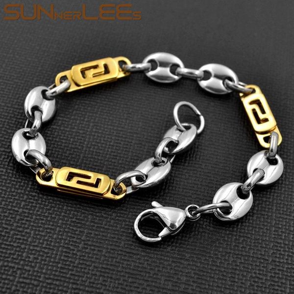 

link, chain sunnerlees fashion jewelry stainless steel bracelet 8mm geometric coffee beans link silver gold for men women sc104 b, Black