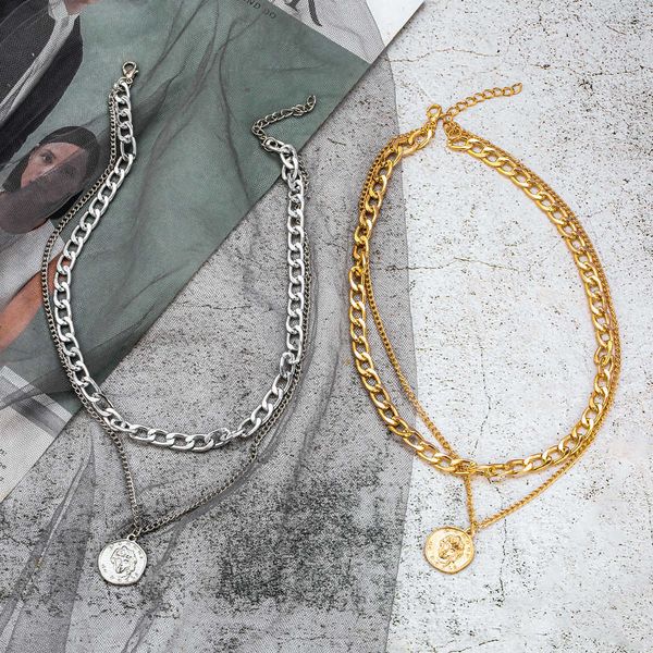 

designer necklace luxury jewelry lats vintage multi-layer coin chain choker necklace for women gold silver color fashion portrait chunky nec