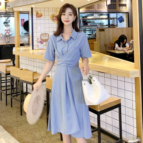 

women's blue waist lace-up mid-length dress lapel short-sleeved slim temperament sweet fashion summer 2e1275 210507, Black;gray