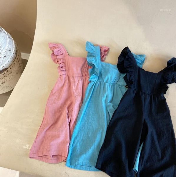 

jumpsuits 2021 girls ruffles overalls summer cotton fashion kids pants 1-6t co261, Blue