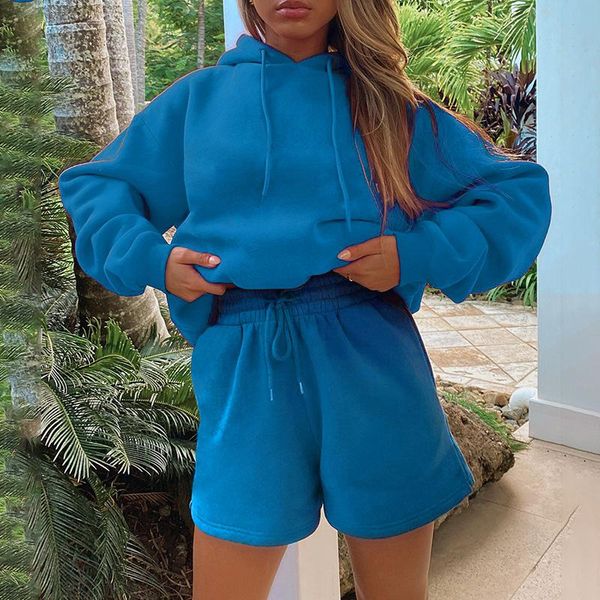 

running sets 2021 autumn winter women sweatshirt 2pcs set solid tracksuit loose long sleeve pullover hoodie+shorts street casual sport suit, Black;blue