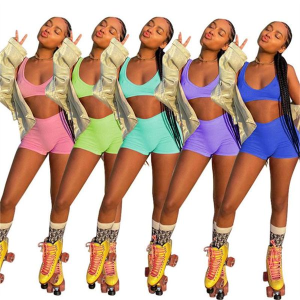 

women's tracksuits rstylish 2021 summer sports suit yoga u-shape solid color sleeveless crop biker shorts two piece set, Gray