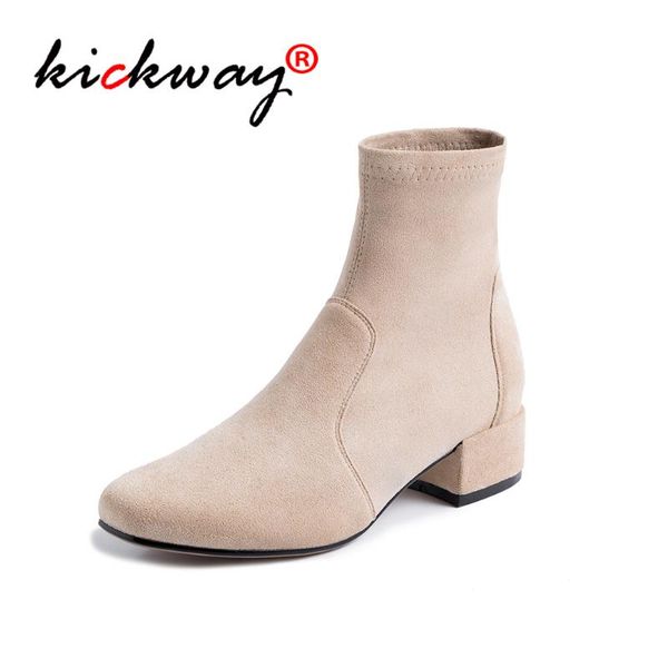 

boots 2021 autumn stretch sock shoes women ankle square heel black pink beige size 34-39