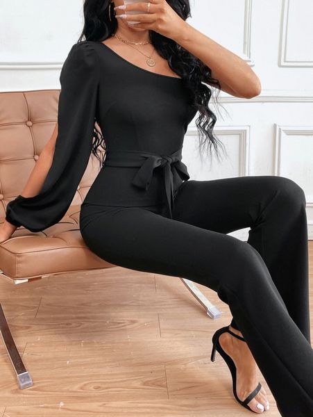 

tall one shoulder slit sleeve belted flare leg jumpsuit p0wi#, White