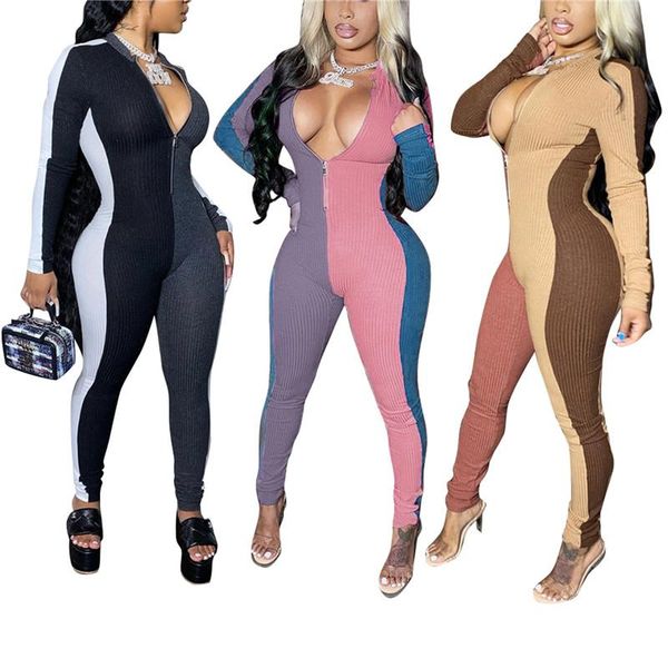 

women's jumpsuits & rompers ribbed casual skinny workout women long 2021 autumn fashion sporty active wear sleeve zipper one-piece over, Black;white