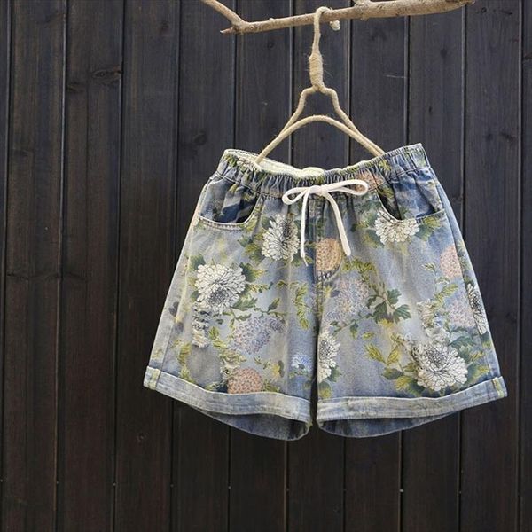 

wide leg cotton denim shorts womens jean print holes casual summer arrivals, Blue