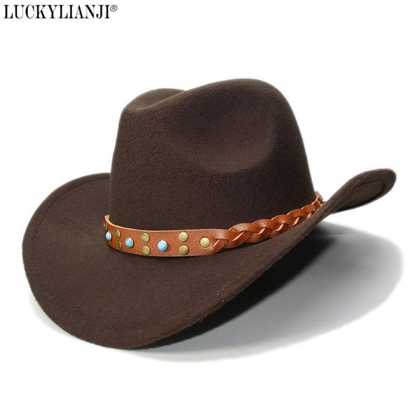 

cloches luckylianji kid child childre's wool felt western cowboy hat wide brim cowgirl braid leather band (:54cm