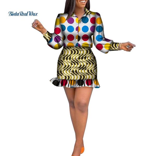 

ethnic clothing 2pcs set estidos long sleeve shirt skirts bazin riche african print mini dress for women design wy6556, Red