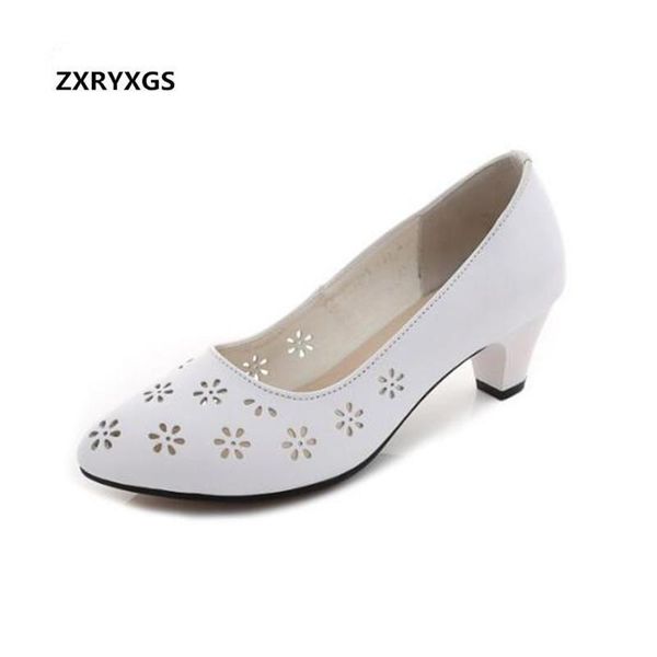 

dress shoes 2021 spring summer hollow genuine leather white black thick with high heels women elegantl work fashion