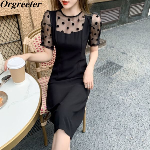

dresses women summer vintage black party short sleeve polka dot mesh puff fake two 210525, Black;gray