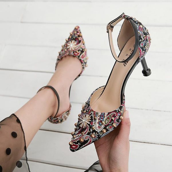 

sandals fashion women shoes print party black heels high ethnic rivet summer pumps