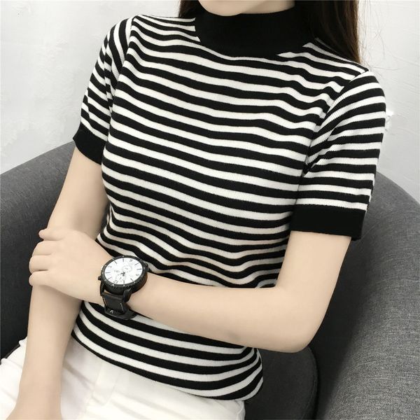 

women's short sleeve t-shirt, half neck sweater, black and white stripes