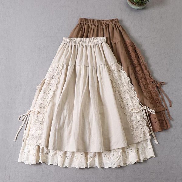 

japan style mori girl lace patchwork linen skirt literature embroidery double inner lining a-line spring skirts, Black