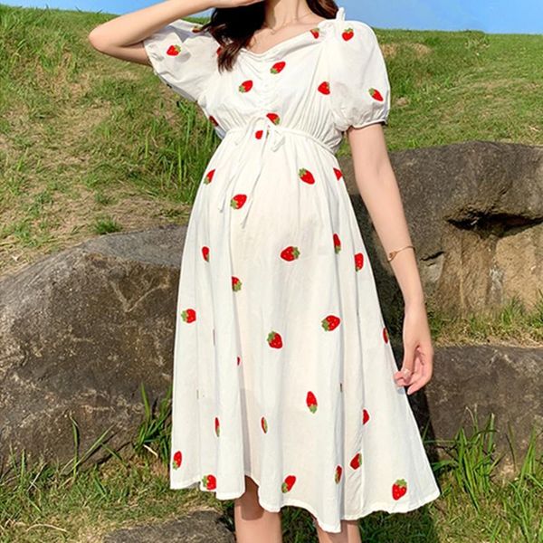 

summer pregnancy dress for woman plus size maternity clothing pregnant clothes strawberry pineapple embroidery pattern female dresses, White