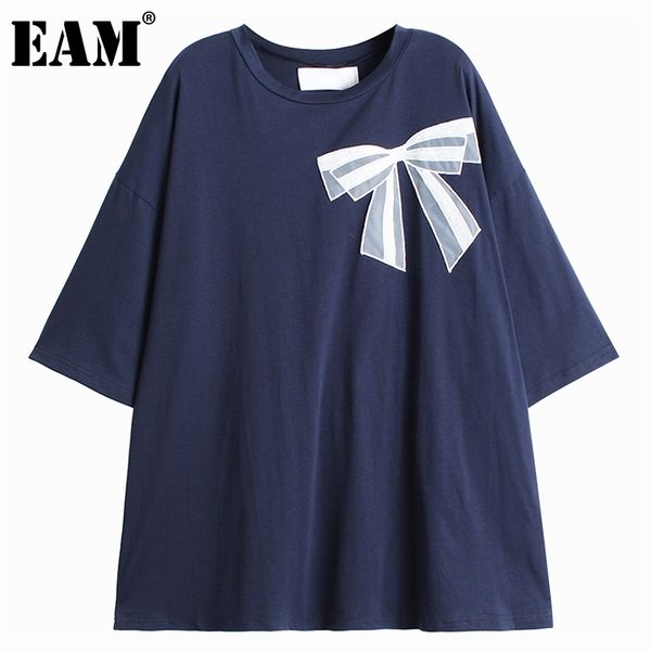 [Eam] Mulheres Big Big Size Bow Impressão Casual T-shirt Solta Redondo Pescoço Moda Moda Primavera Verão 1d7246 210512